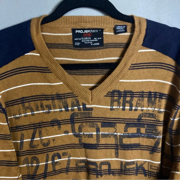PROJEK RAW sweater brown stripe v-neck graphics lettering spell out extra large - Picture 5 of 11